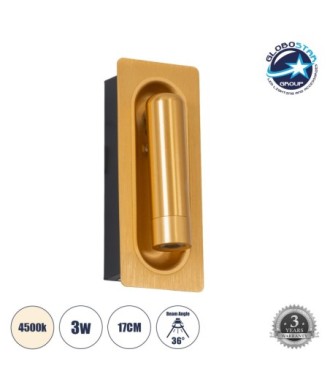 GLOBOSTAR® MANHATTAN 61100 Μοντέρνο Φωτιστικό Τοίχου - Απλίκα Ξενοδοχείου Reading Light LED 3W 405lm 36° AC 220-240V IP20 Φυσικό Λευκό 4500K - Bridgelux COB Chip & TÜV SÜD Driver - Χρυσό Βούρτσας - Μ7 x Π7 x Υ17cm - 3 Χρόνια Εγγύηση